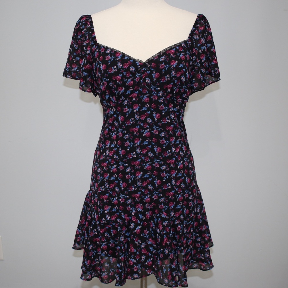 Rewind Black Dress with Pink and Blue Floral Pattern